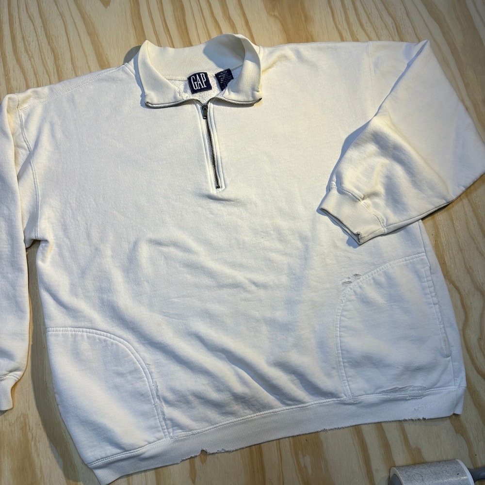 Gap Mens XL White Distressed Quarter Zip Pullover Sweatshirt Vintage Thrashed